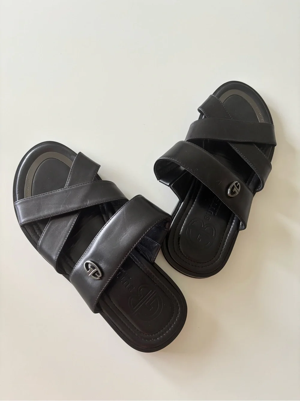 Men's Black Leather Cross-Strap Slide Sandals Gianfranco Butteri